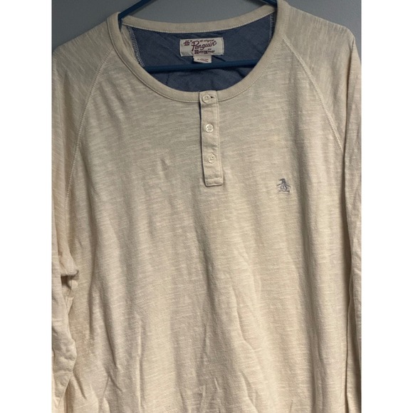 Original Penguin Mens XL Long Sleeve Slub Henley Shirt Oatmeal Heather XL - Picture 2 of 11